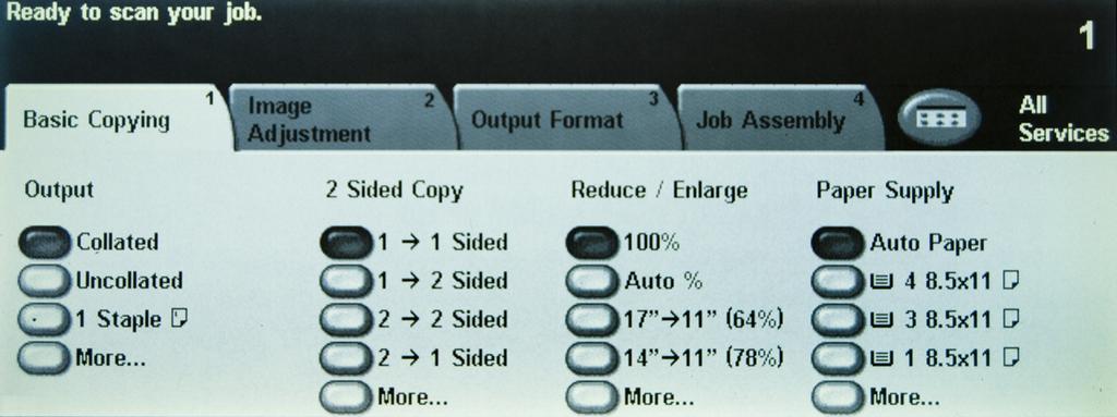 Copy 1. Load documents face-up in document feeder or face-down in the top RIGHT hand corner of the plate glass. 2.