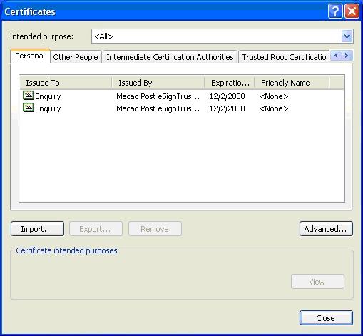 3. Once pressed Certificates, all installed personal certificates will be displayed in Personal tag.