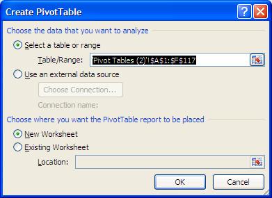 The Create Pivot Table dialog box displays. 3. The entire data list displays in the Table/Range: field.