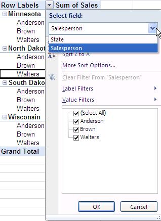 Filtering Data You can apply filters to see only the data you need. If more than one field displays in the left area of the pivot table, you can indicate filters for any field as desired. 1.