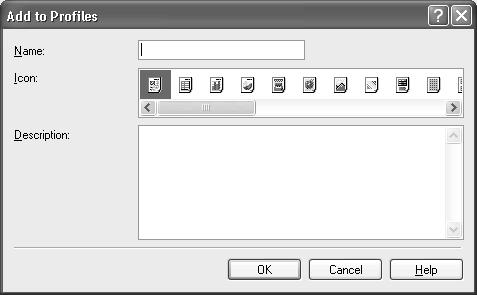 See "Opening the Printer Properties Dialog Box from Your Application Program" on page 11. 2 Click the Profiles tab. 3 Enter new settings in Profiles. (1) Click Add to Profiles.