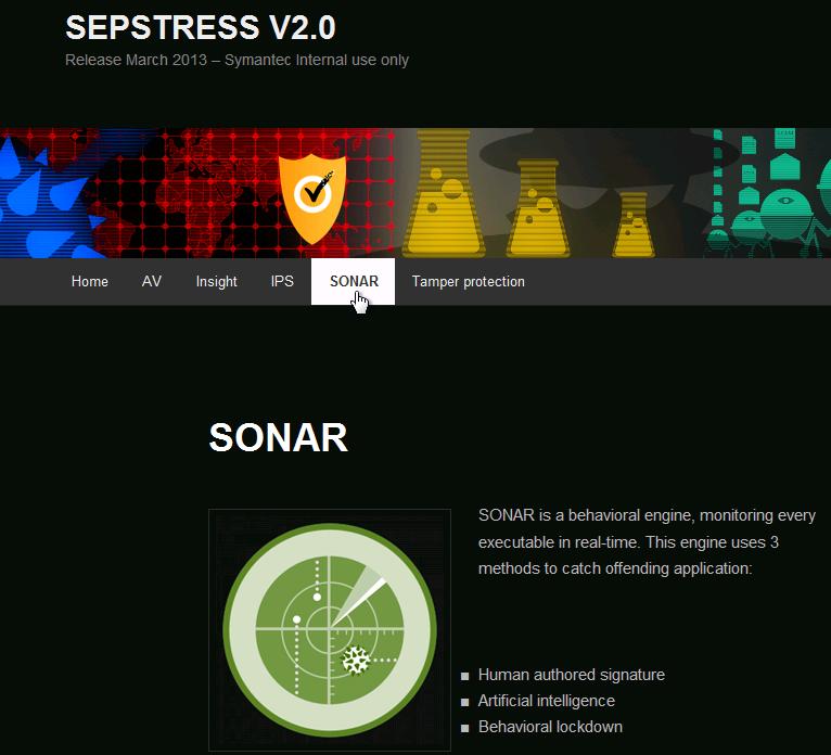 Testing SONAR (behavioral engine) Click the SONAR tab on the SEPSTRESS site. This test consists of an executable which drops an EICAR test file on the system.