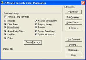 Figure 46: ZENworks Security Client Diagnostics Screen Step 3: Select the items to be included in the package (all are checked by default). Step 4: Click Create Package to generate the package.