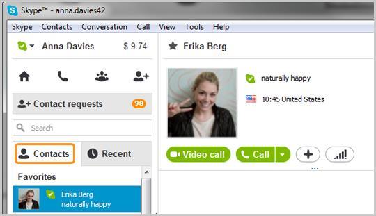 1. In Skype, click the Contacts tab. 2. Find the person you want to call. 3. Click the contact name.