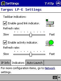 Pocket PC Setup LP-E Card Applet 18 To open the LP-E Card Applet, tap the LP-E icon in the task tray. To control the network indicators in the task tray, tap the Indicators tab.