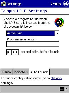 Pocket PC Setup LP-E Card Applet 19 To control auto-launching, tap the Auto-Launch tab. By default, ActiveSync will run automatically when you insert the LP-E Card.
