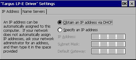 Windows CE Setup Software Installation 25 The IP Address screen appears. 9 Select if you are using a server-assigned IP address (or DHCP), or a specific IP address.