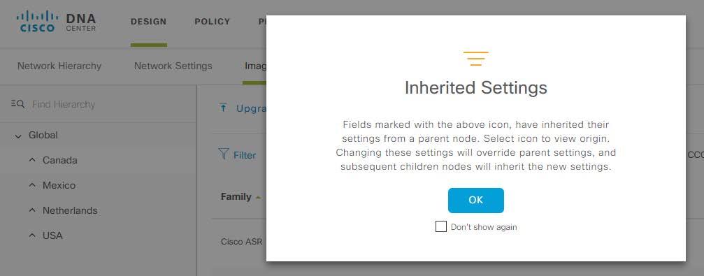 Basics When you click a dependent location that has inherited standards from a parent level, a system message opens indicating the inherited standards.