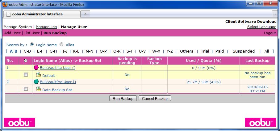 7.6 Initiating a Backup from BulkVault Admin Web Console While users can backup data from their computers by using BulkVault-Pro or BulkVault-Lite agents, backups can also be initiated from the