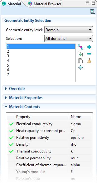 10 Be sure to inspect the Material Contents section in the settings window. All the properties used by the physics interfaces should have a green check mark. Close the Material Browser.
