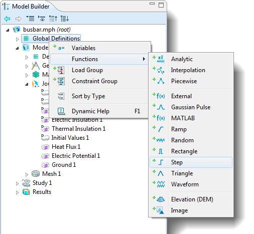 1 Right-click the Global Definitions node and select Functions>Step. 2 In the Step settings window, enter 0.