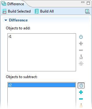 8 In the Difference settings window, click the Activate selection button to the right of the Objects to subtract list.