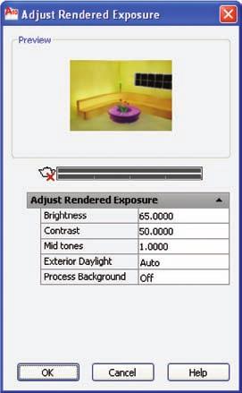 Adjust Rendered Exposure dialog box. See Figure 18-14. In this dialog box, you can globally adjust the brightness, contrast, midtones, and exterior daylight of the scene.