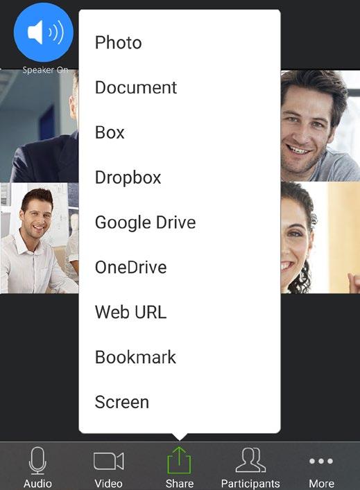 Screen sharing Optimise productivity by sharing your presentation, file, screen, or whiteboard with other participants. Click Share Screen from the Meeting Control menu. 2 4 0 2 4. Mute/unmute audio.
