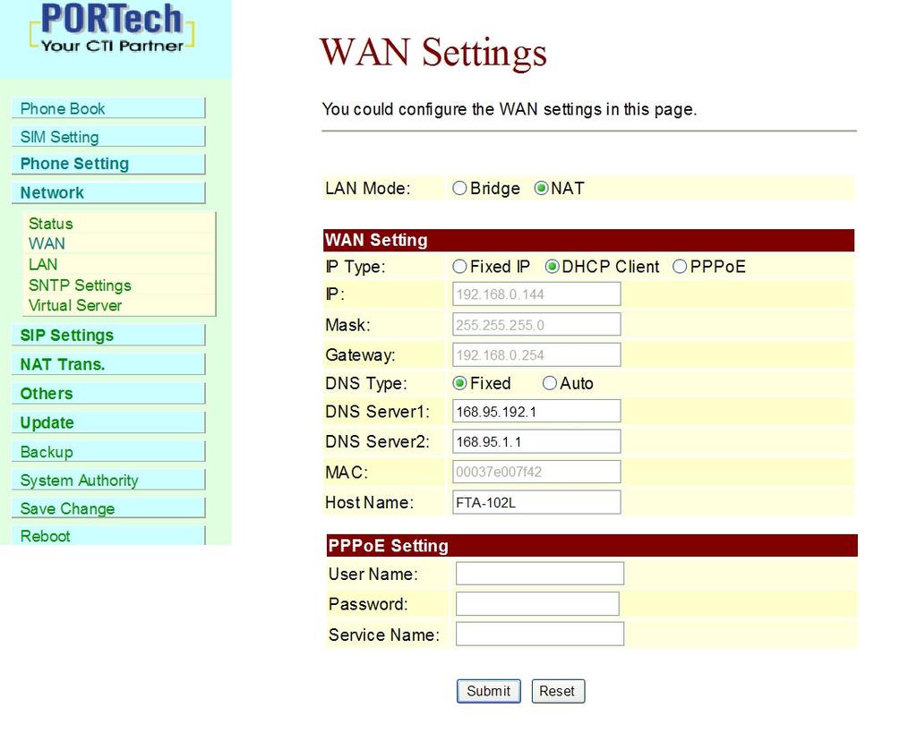 12.2 WAN (1) The DHCP Client Configuration item is to setup the WAN port s network environment. (2) The PPPoE Configuration item is to setup the PPPoE Username and Password.