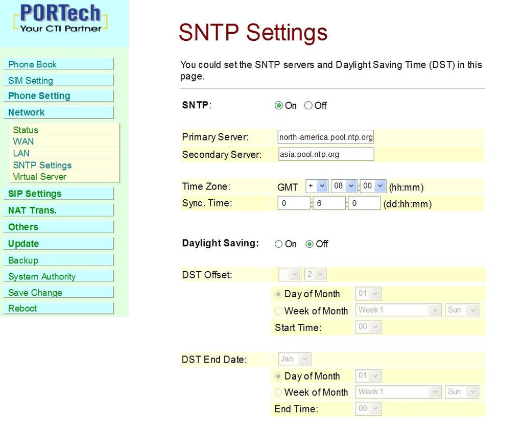 12.4 SNTP Settings SNTP Setting function: you can setup the primary and second SNTP Server IP Address, to get the date/time information.