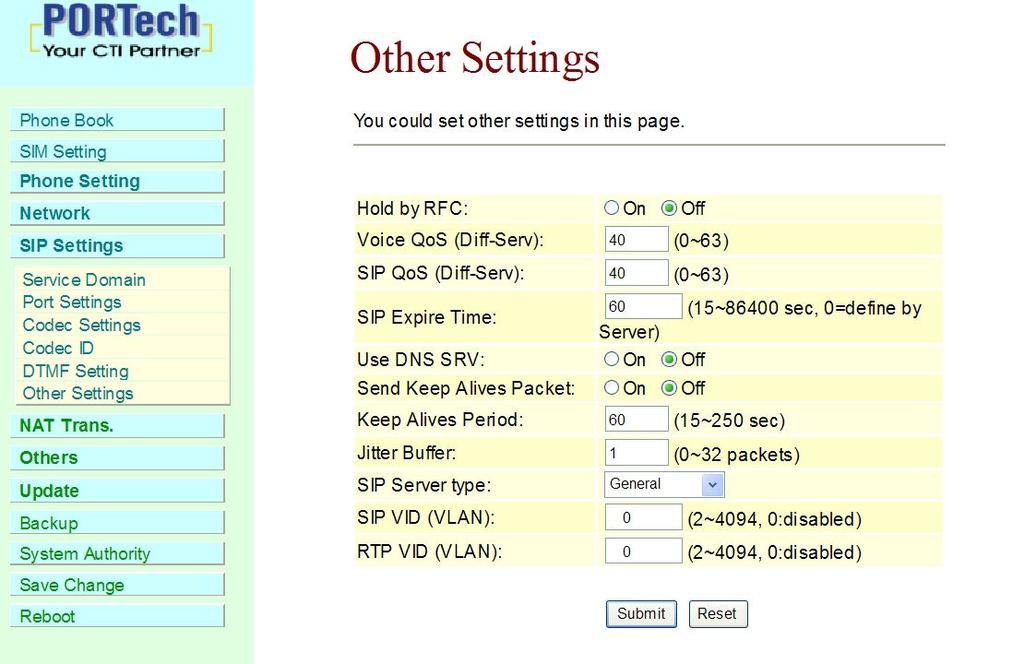 13.6 Other Settings Other Settings: you can setup the Hold by RFC and QoS in this page. To change these settings, please follow your ISP information.