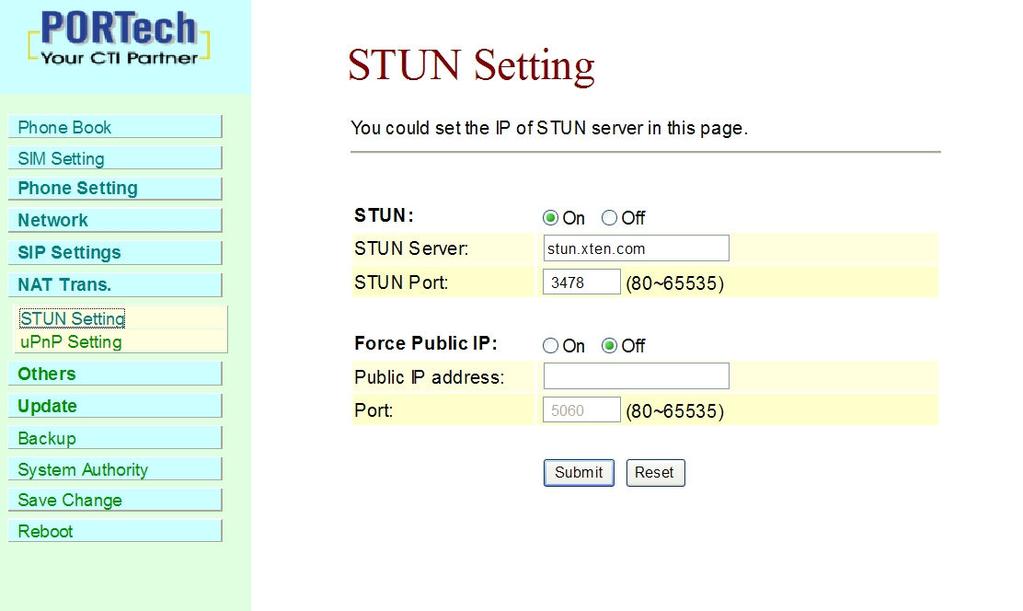 14. NAT Trans. In NAT Trans. you can setup STUN and upnp function. These functions can help your VoIP device working properly behind NAT. 14.