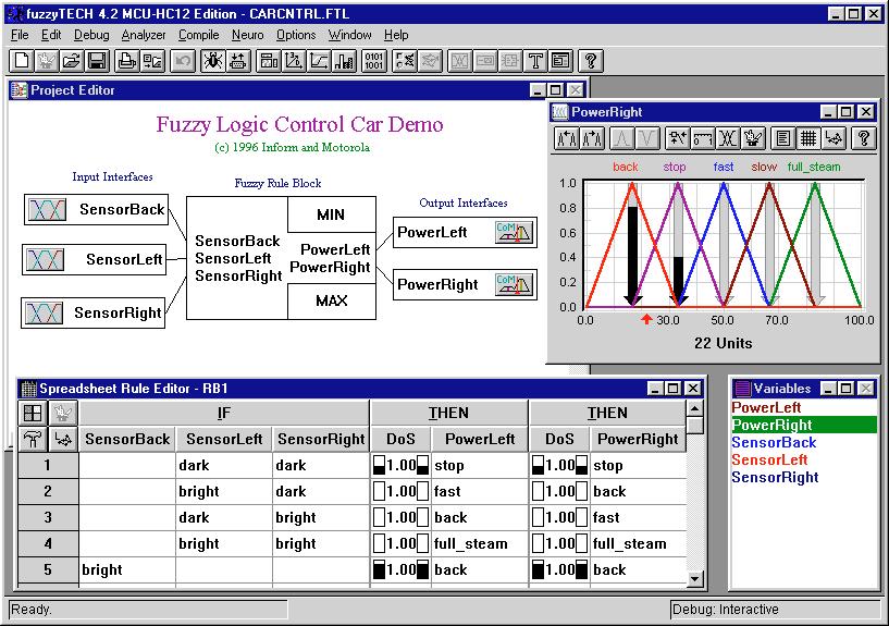 nc. Figure 3 Fuzzy Logic Controller Development Using fuzzytech The upper right window shows the membership functions and the defuzzification process of the output variable PowerRight.