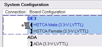 IO Group: There are four I/O Groups in the DE3 Configuration window. The HSTC connector A, B, C, and D correspond to I/O Groups A, B, C, and D on DE3 board, respectively.