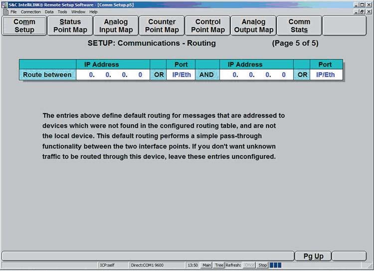 14. From SETUP: Communications - Routing click the PgDn Button to go to Page 5 of 5 (Figure 14). Enter the correct values for the Interface Module. Figure 14. SETUP: Communications - Routing, Page 5.