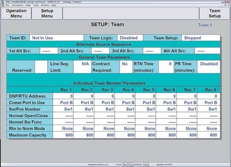 21. From the Team Setup Menu screen (the previous screen) click the SETUP: Team 1 button (choose the number of the team you wish to configure) to display the SETUP: Team screen for the selected team