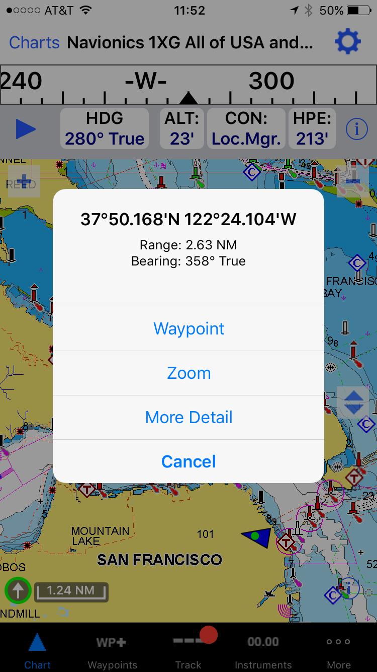 Location Details Single tapping a location on the Chart will pull up Location specific details Location latitude, longitude, range and bearing Waypoint mark location as a waypoint Zoom another way to