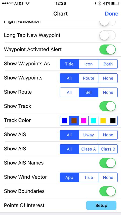 Using Settings Settings Show Route Show Track Track Color Show AIS Show AIS Names Show Wind Vector Show Boundaries Points of Interest When Enables Routes are plotted on the Chart View Selection
