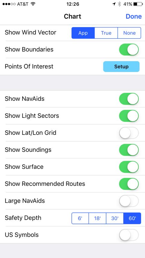 Using Settings Settings Show NavAids Show Light Sectors Show Lat/Lon Grid Show Soundings Show Surface Show Recommended Routes Large NavAids Safety Depth US Symbols When Enables Display NavAids