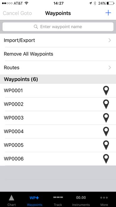 Managing Waypoints Select the + button to create a new Waypoint or select an existing Waypoint to view and/or edit Select Import/Export to transfer Waypoints or routes to/from Waypoints can also be
