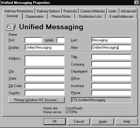 Make entries in the following fields in the General tab screen of Properties: Display Enter the name of the Dispatcher Mailbox (such as Unified Messaging in the