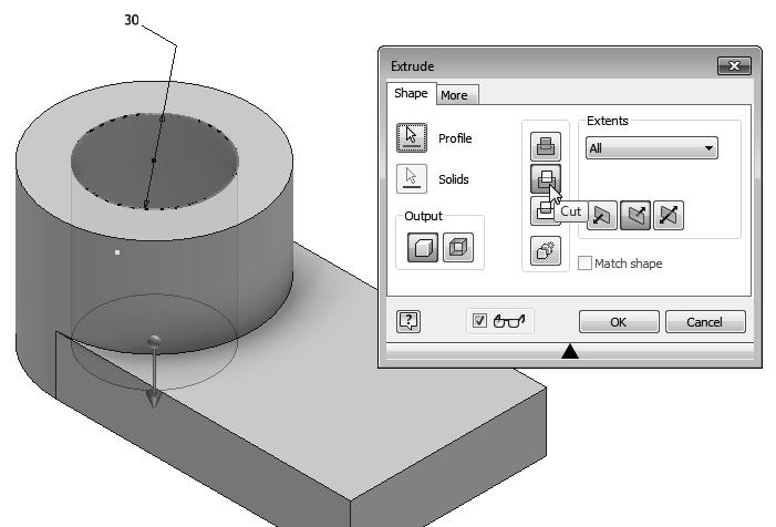 3-24 Autodesk Inventor and Engineering Graphics 11. In the 3D Model tab, select the Extrude command by left-clicking on the icon. 12.