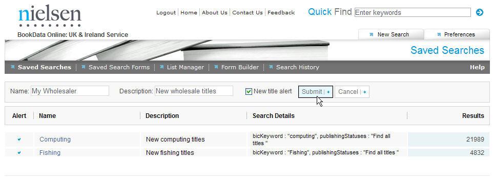 Saving a search and choosing a New Title Alert Run a search. To save these search criteria to run again in future, click on the Save Search button at the top of the results screen.