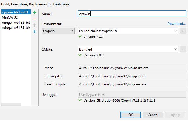Figure 14: Toolchains CLion should automatically be able to detect the required programs now. You installation is complete.