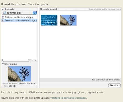 9 To upload photos, go to the Photos tab and click the Add Photos link. Here's what the bulk media uploader looks like: The left pane shows the file hierarchy on your computer.