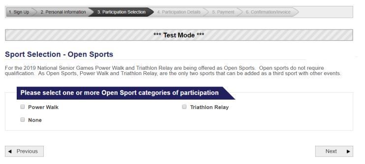 If you qualified in a team sport, the Team Sport Selection page will display. (Shown on the right.