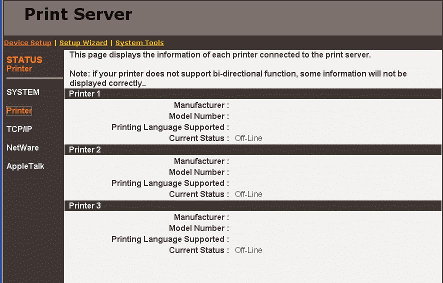 CHAPTER 9: Web Management 9.2.2 PRINTER Figure 9-2. Information screen. This page (see Figure 9-3) displays information for each printer that s connected to the print server.