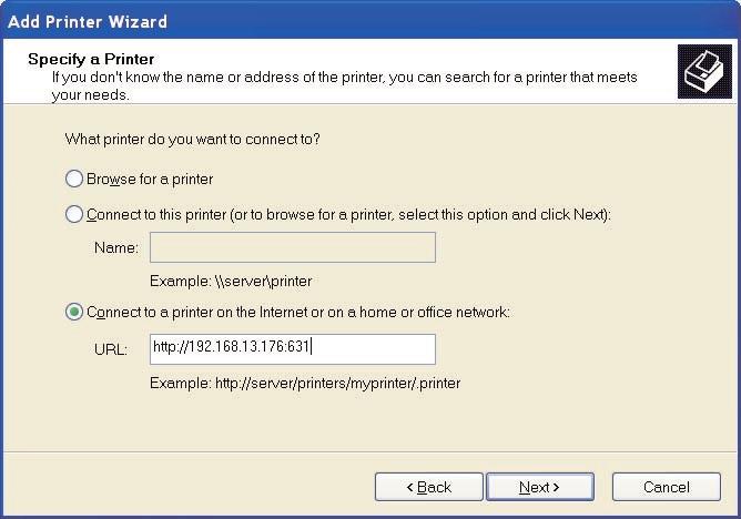 CHAPTER 10: IPP Printing Select Connect to a printer on the Internet or on a home or office network (see Figure 10-2) and enter the print server s URL. The URL format is http://ip:631/lpt_port.