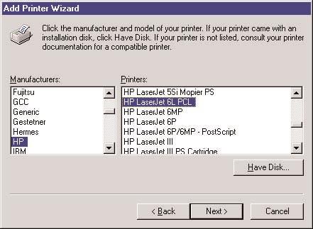 CHAPTER 4: Windows Peer-to-Peer Network Figure 4-26. Selecting the printer manufacturer and model. 5. If your printer came with an installation disk, click on the Have Disk button.