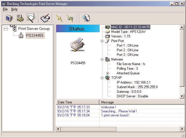 PURE NETWORKING WIRELESS USB 10/100 PRINT SERVERS 8.2 Status Click on the Status icon on the tool bar, and the currently selected print server s status will be shown. See Figure 8-2.