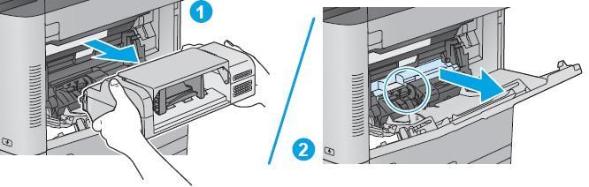 2. Remove the envelope feeder (callout 1), or open Tray 1 and then remove the environment cover (callout 2) depending on product configuration.