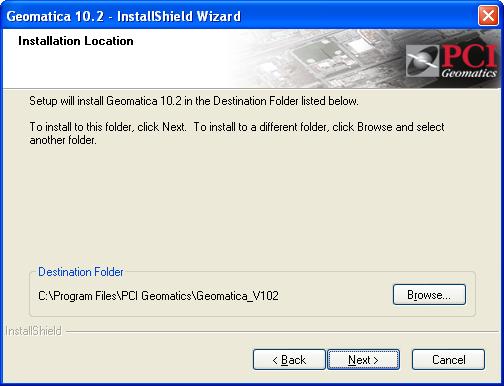 The Installation Location screen appears. Choose a destination folder to install the software, then click Next.
