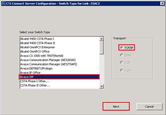 In the subsequent window click on the TCP/IP radio button and select Avaya SIP