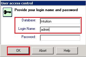 In the subsequent window enter Intuition in the Database field, admin in the