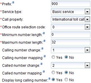 toll calls, national toll calls, and local calls. Choose Trunk > Prefix Configuration. The prefix configuration page is displayed. Click Create. The Create Prefix dialog box is displayed.