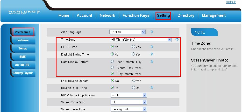 Basic Features Configuration To change the Time Zone and Date Display Format via web interface 1. Setting Preference Time Zone 2. Select the necessary one. 3. Press to save the configuration.