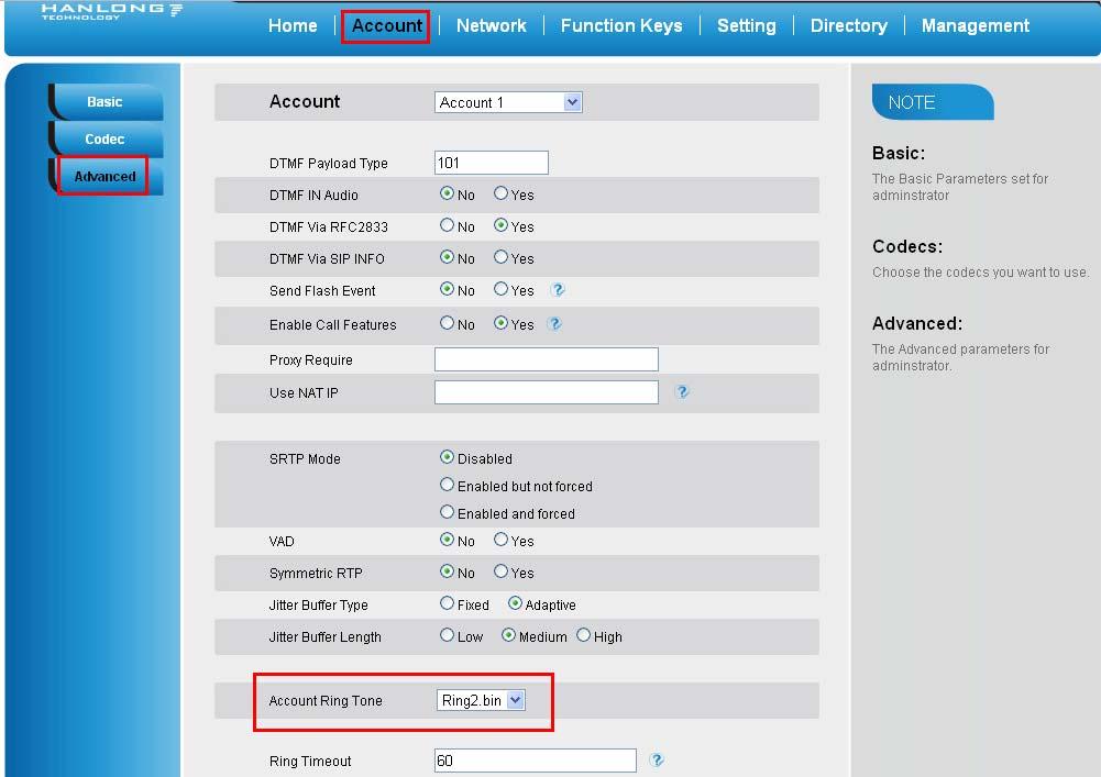 Basic Features Configuration To adjust the Ring Tone Type via Web Interface 1. Account Advanced Account Ring Tone 2.