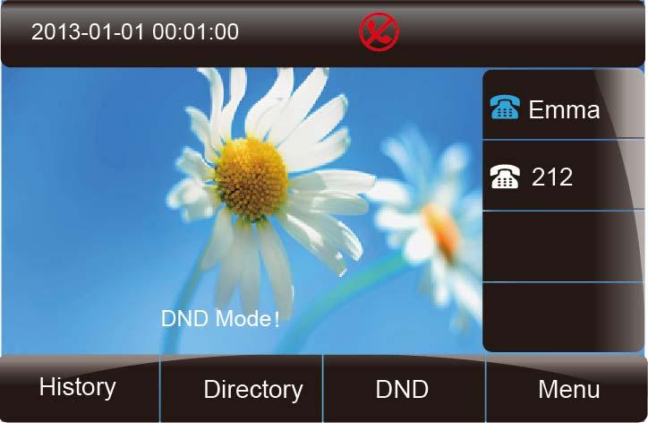 Basic Call Features To enable DND feature 1. Press the DND soft key when the phone is idle, and then shown on the LCD. To disable DND feature 1.