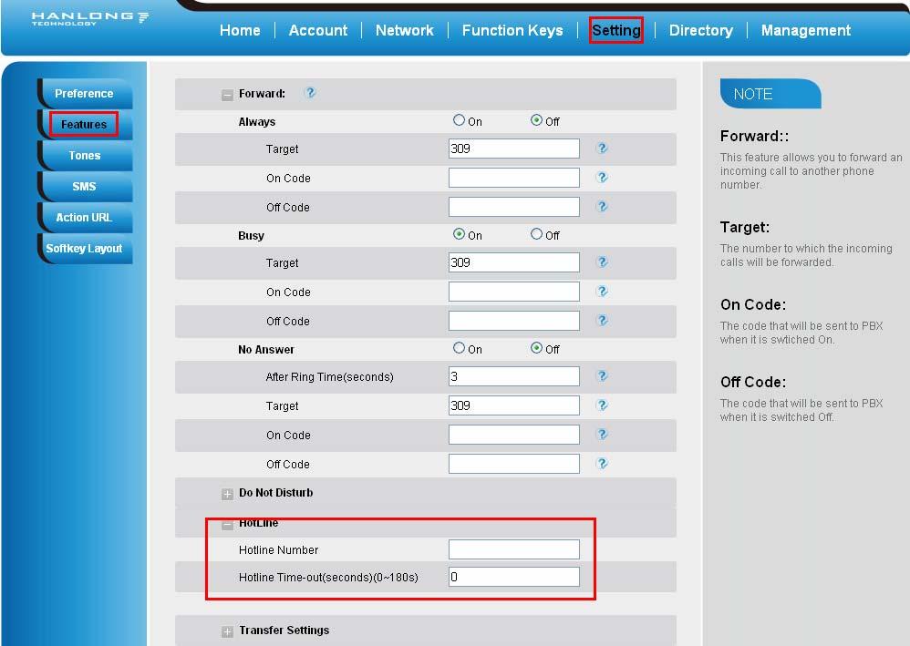 Basic Call Features To configure Off hook auto dial via Web Interface 1. Setting Features 2.