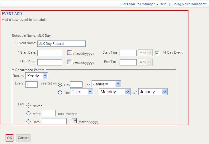 Application Note: Time and Holiday Personal Schedules can be used with several IP Centrex features including: Auto Attendant, Call